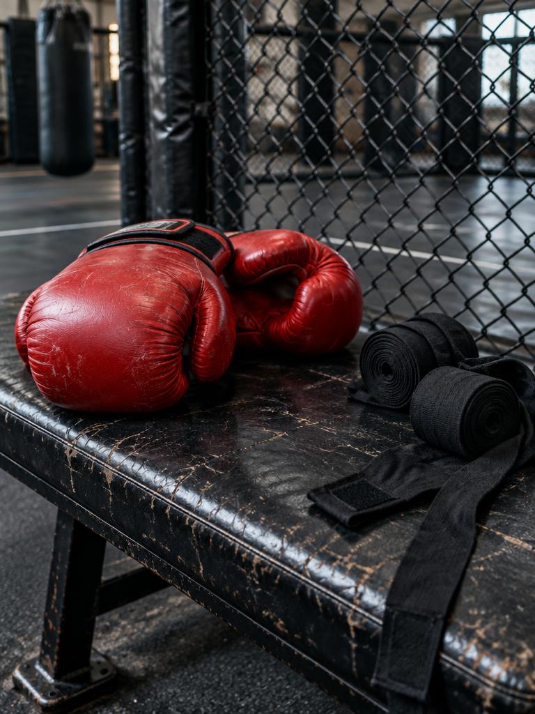 Boxing gloves and wraps in the training gym